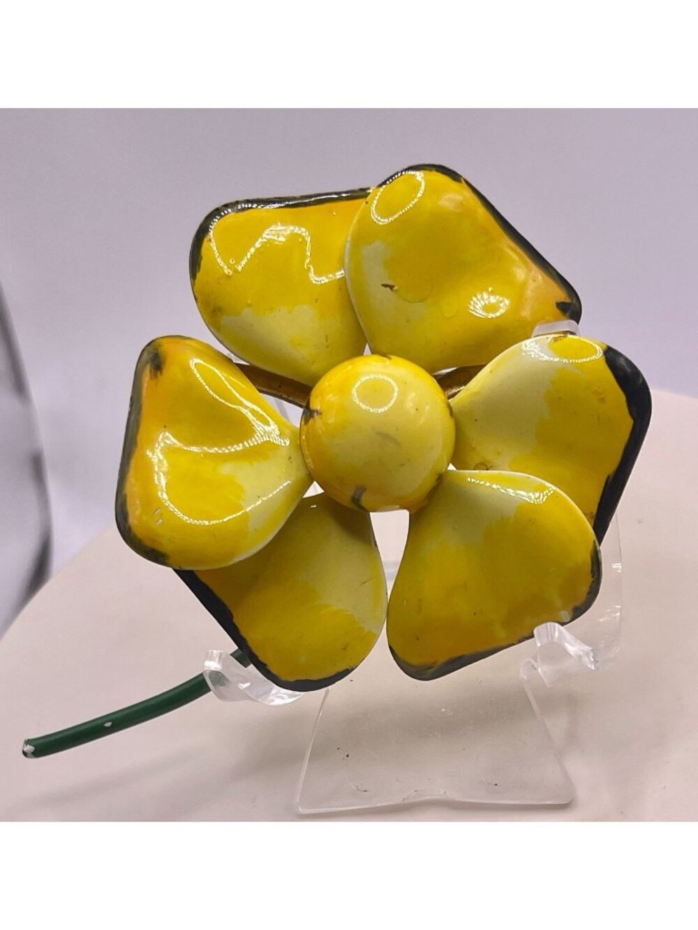 Vintage 60s Retro Enamel Flower Power Brooch Yellow With Black Trim Pop Art Styl